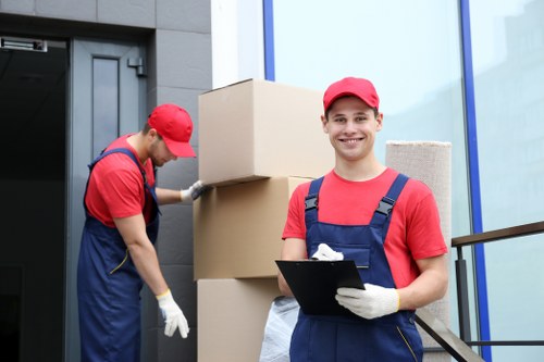 Commercial moving team working in Borough with office furniture and boxed equipment