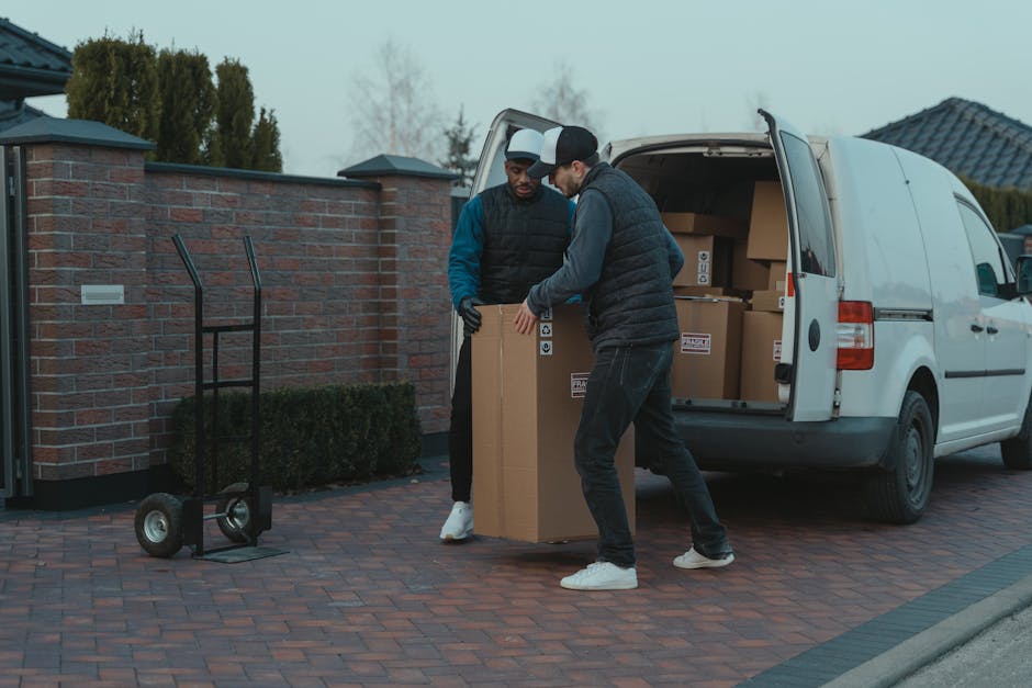 Two movers from Man and Van Borough are engaged in a home relocation process outside a residential property, loading cardboard boxes into the back of a white van. The van is parked on a brick-paved driveway adjacent to a brick wall and a garden area with greenery. One mover, wearing a navy jacket, black quilted vest, and white shoes, is lifting a large cardboard box, while the other, dressed in a dark hoodie, black pants, and sneakers, assists by holding the box. To the left, a black hand truck with two wheels is positioned upright on the pavement, ready to transport additional packing materials. The open rear doors of the van reveal more packed boxes inside, indicating an ongoing packing and moving operation as part of a furniture transport or removal service, highlighting the load preparation and vehicle loading process typical of house removals services.
